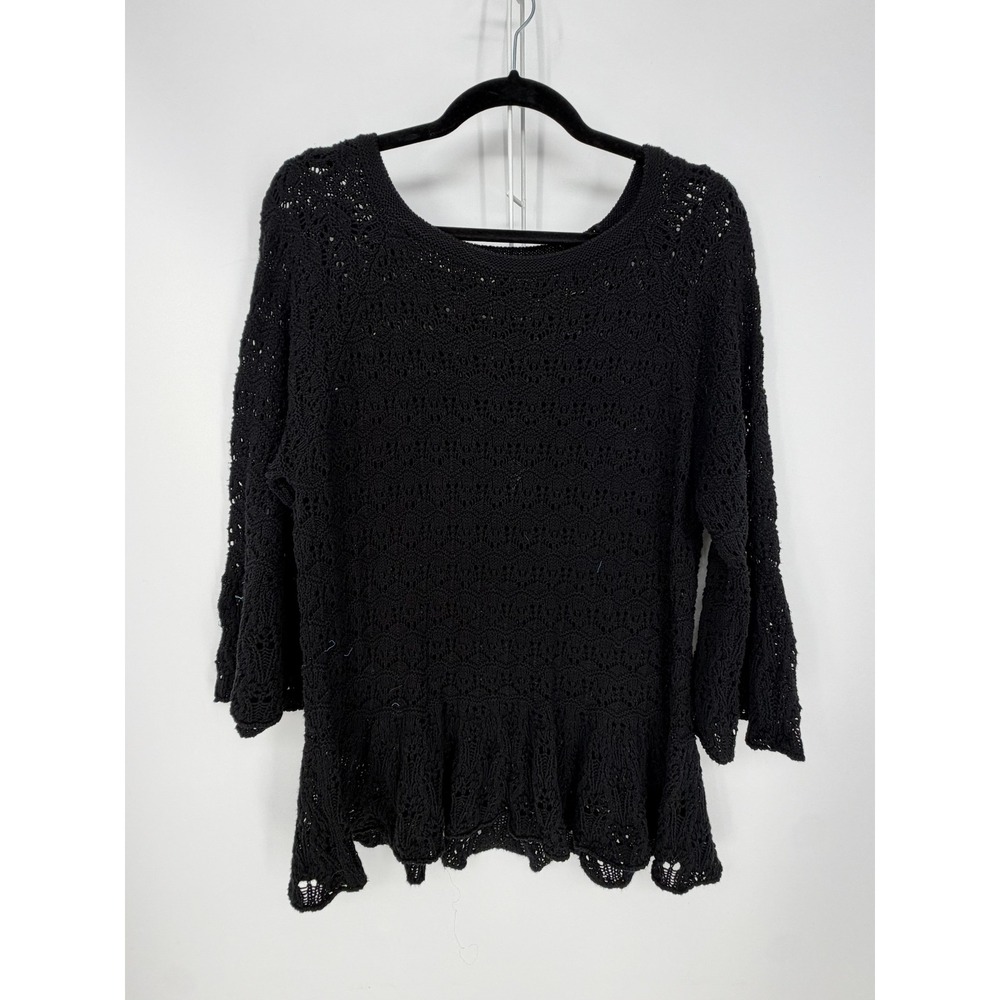 Jeanne Pierre Sweater Womens L Black Crochet Knit Bell Sleeve Peplum Boho Goth